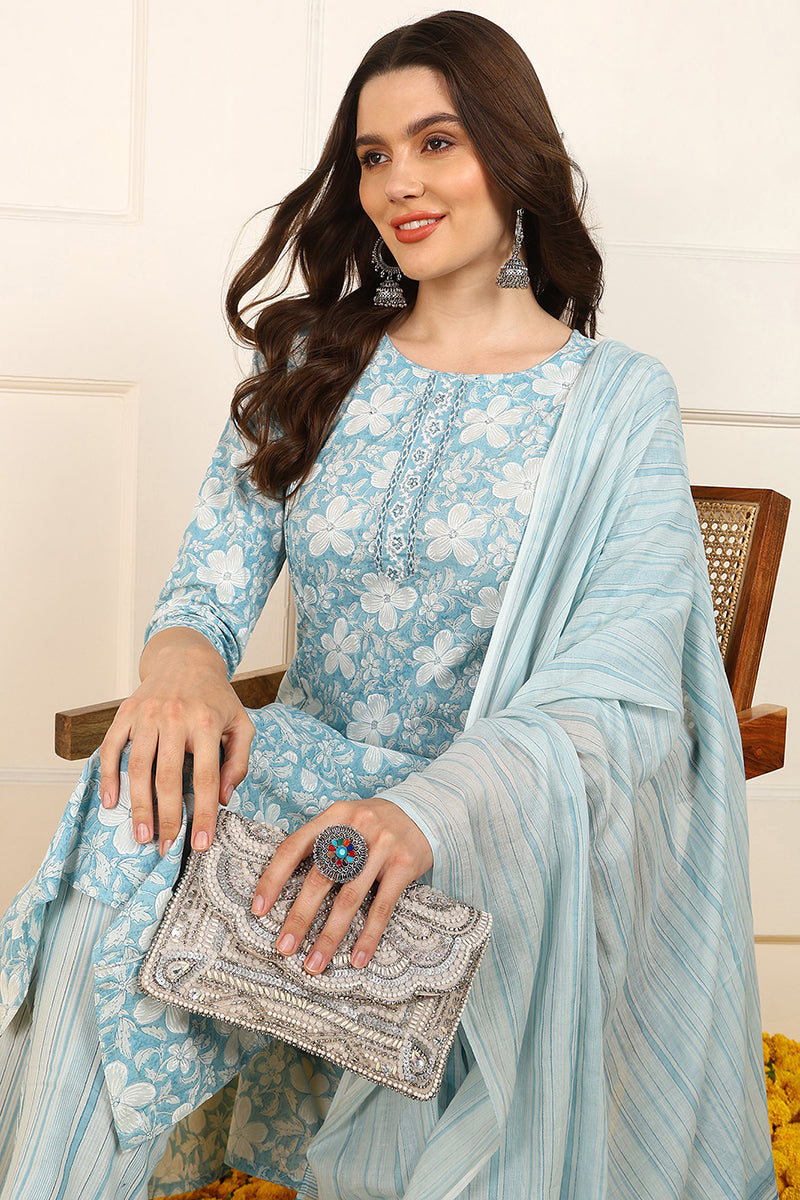 Blue-Cotton-Floral-Printed-Straight-Kurta-Set