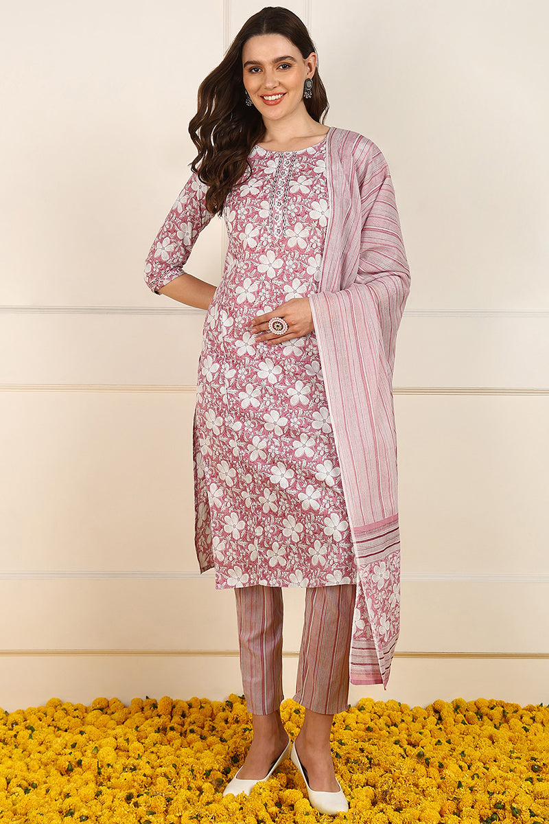 Pink-Cotton-Floral-Printed-Straight-Kurta-Set