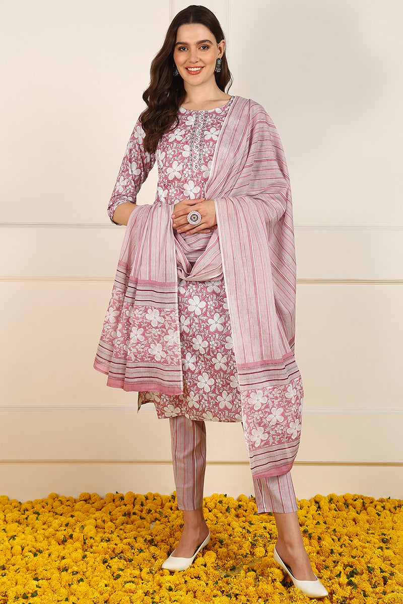 Pink-Cotton-Floral-Printed-Straight-Kurta-Set