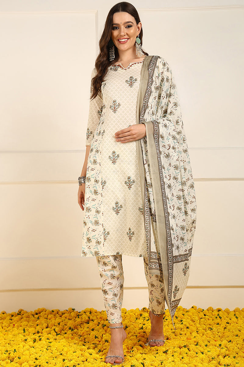 Cream-Pure-Cotton-Ethnic-Motifs-Printed-Straight-Kurta-Set