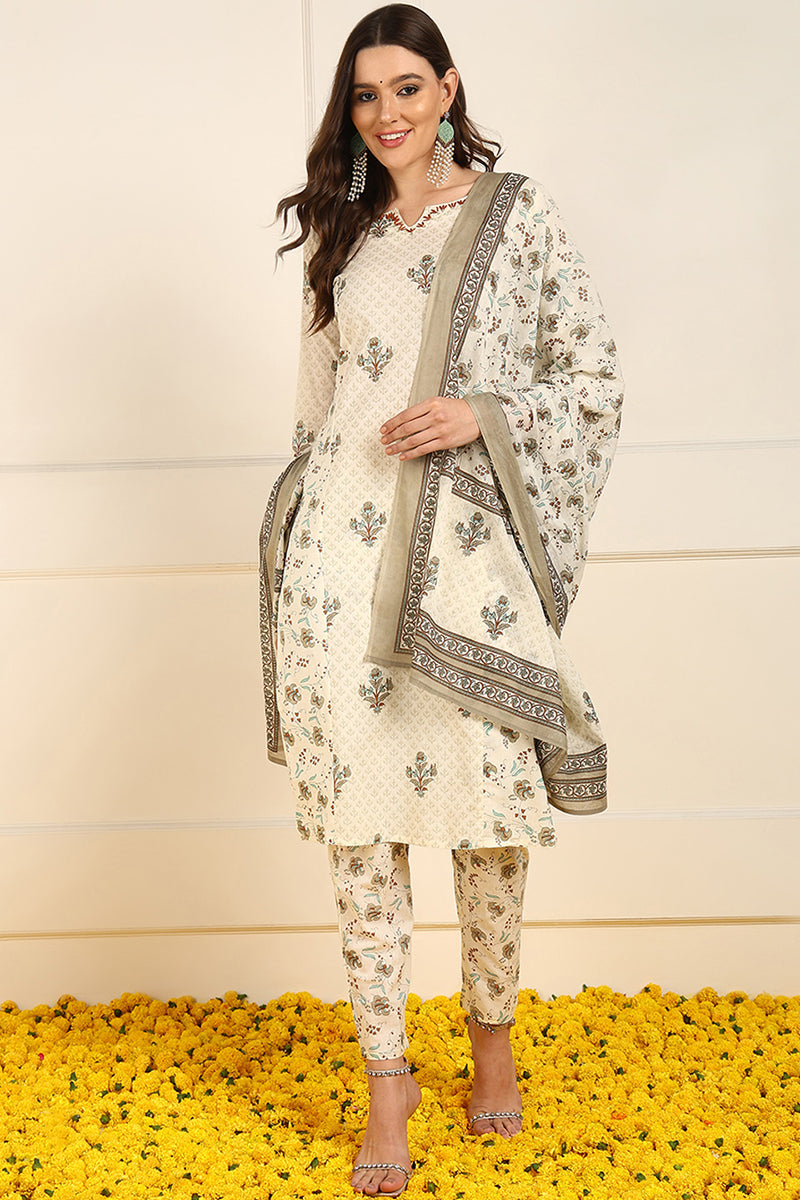 Cream-Pure-Cotton-Ethnic-Motifs-Printed-Straight-Kurta-Set