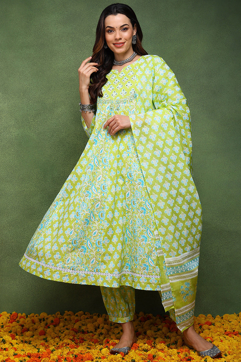 Lime-Green-Pure-Cotton-Embroidered-3-Piece-Anarkali-Set