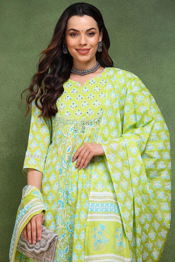 Lime-Green-Pure-Cotton-Embroidered-3-Piece-Anarkali-Set