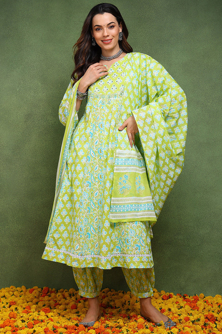 Lime-Green-Pure-Cotton-Embroidered-3-Piece-Anarkali-Set