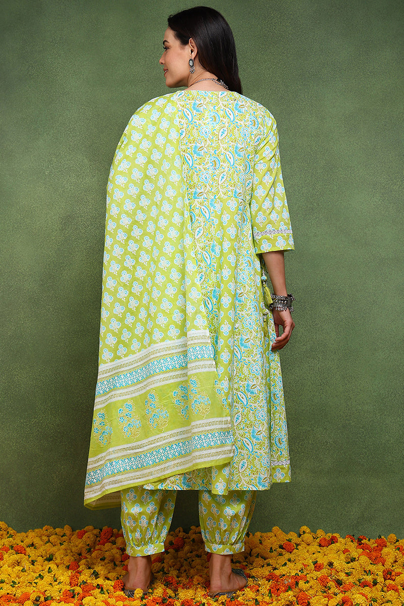 Lime-Green-Pure-Cotton-Embroidered-3-Piece-Anarkali-Set