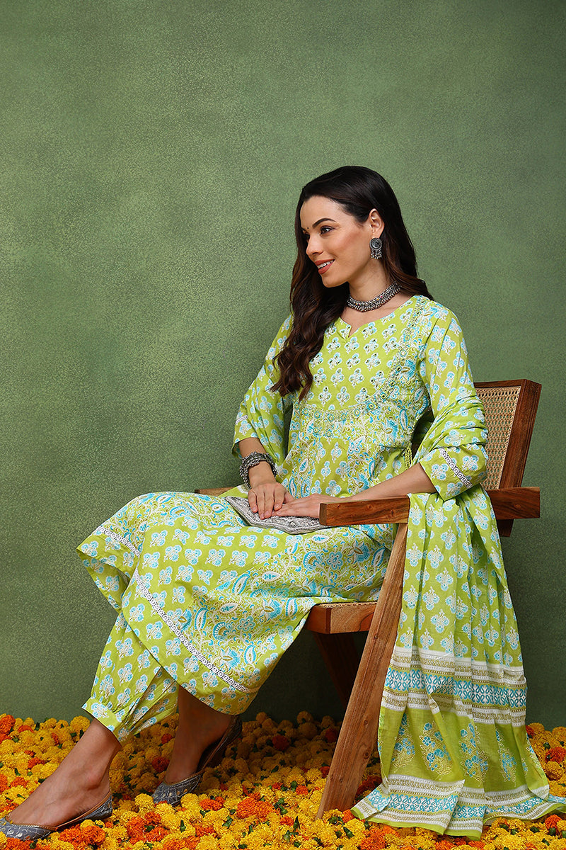 Lime-Green-Pure-Cotton-Embroidered-3-Piece-Anarkali-Set