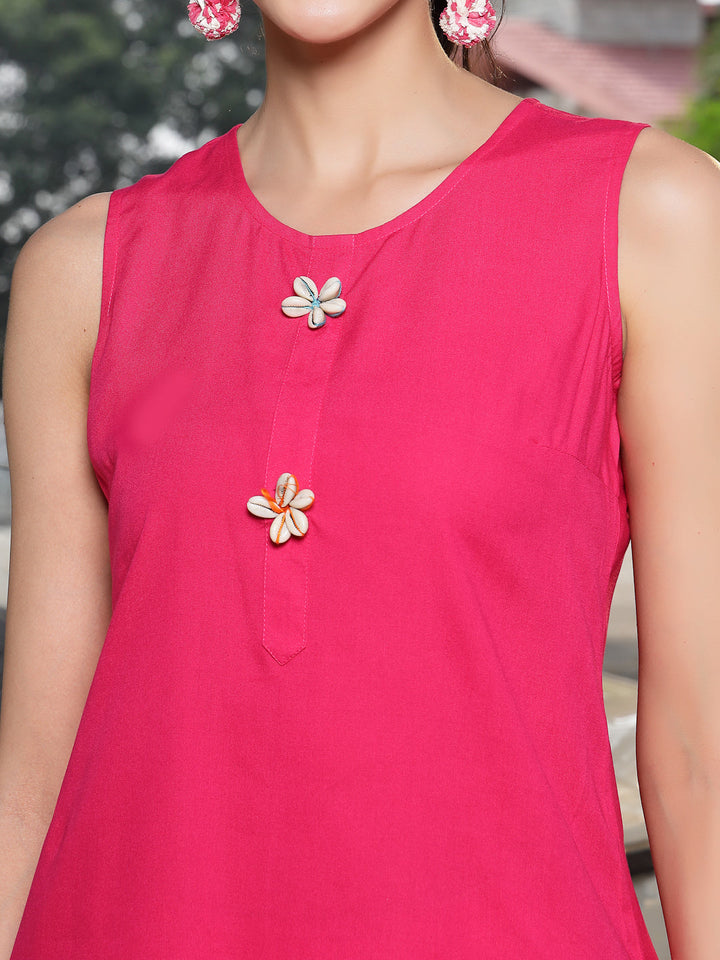 Pink Solid & Embroidered Cotton A-Line Kurti Dhoti Pant with Jacket