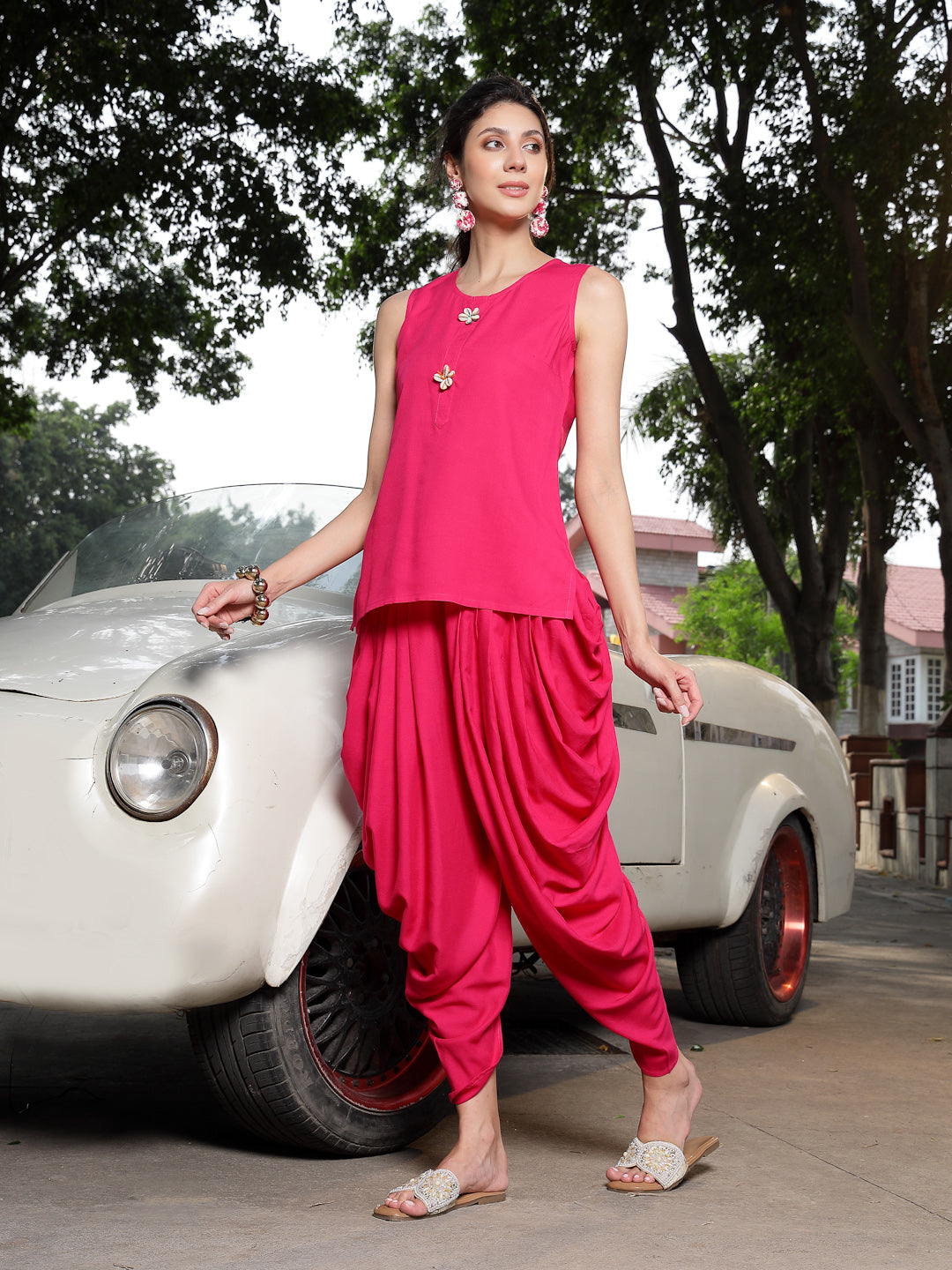 Pink Solid & Embroidered Cotton A-Line Kurti Dhoti Pant with Jacket