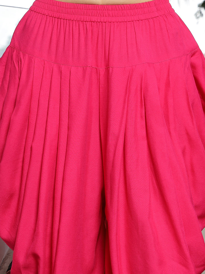 Pink Solid & Embroidered Cotton A-Line Kurti Dhoti Pant with Jacket