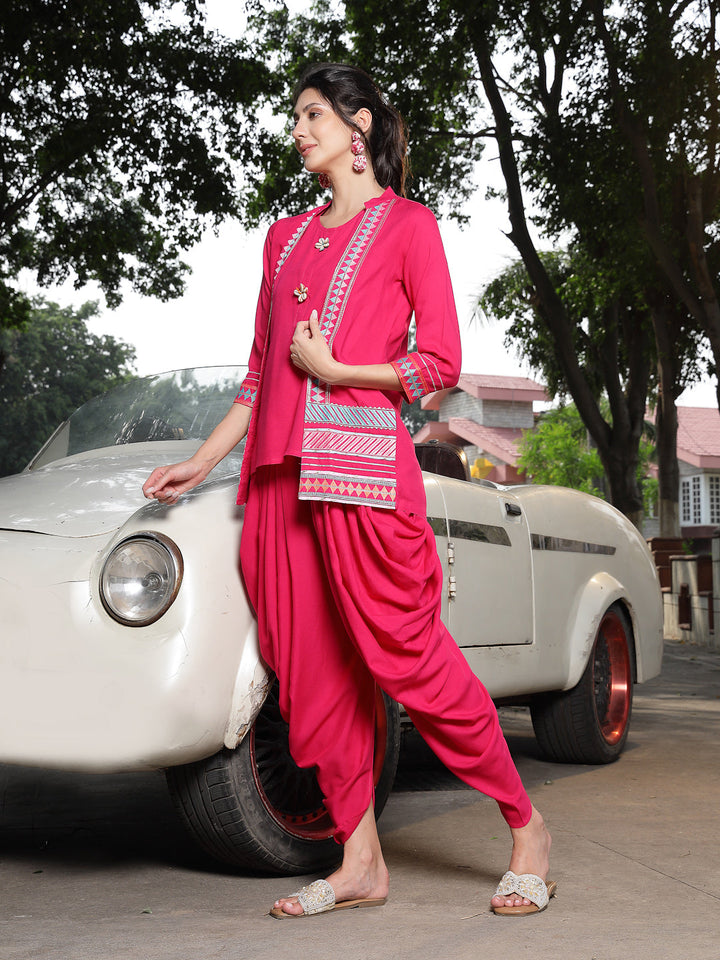 Pink Solid & Embroidered Cotton A-Line Kurti Dhoti Pant with Jacket