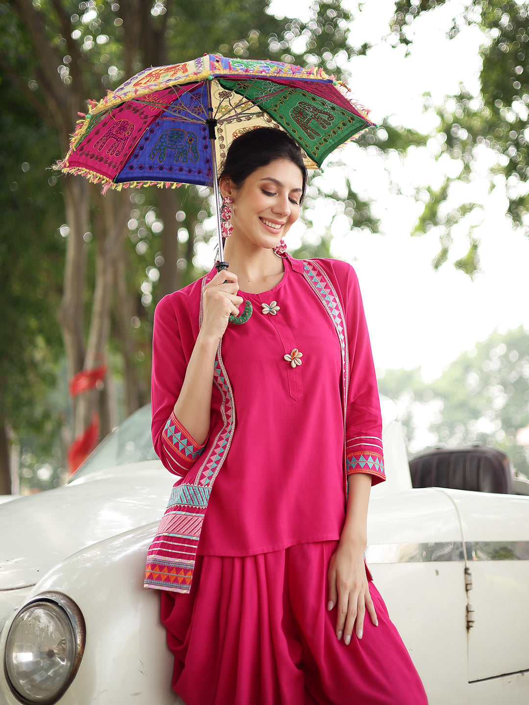 Pink Solid & Embroidered Cotton A-Line Kurti Dhoti Pant with Jacket