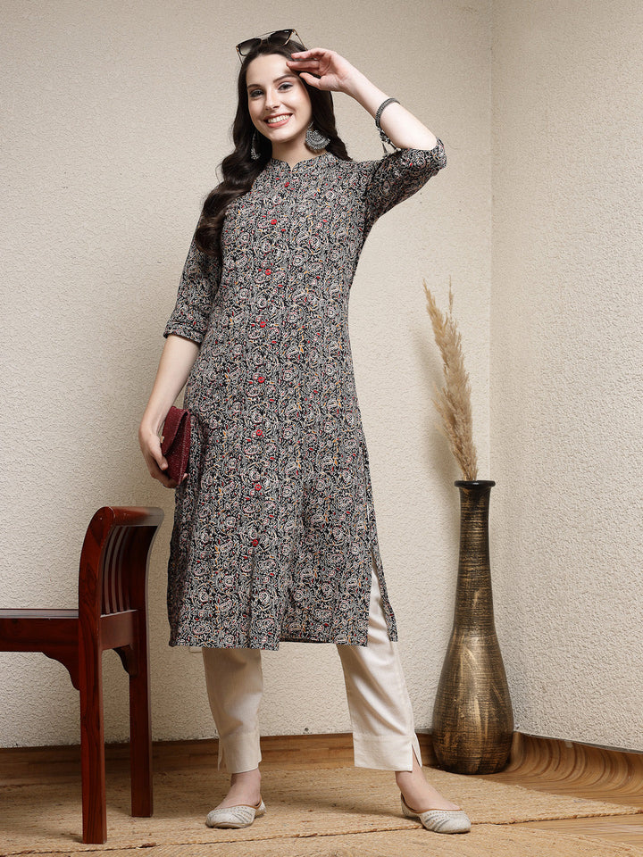 Black-Cotton-Floral-Printed-A-Line-Kurta-Only