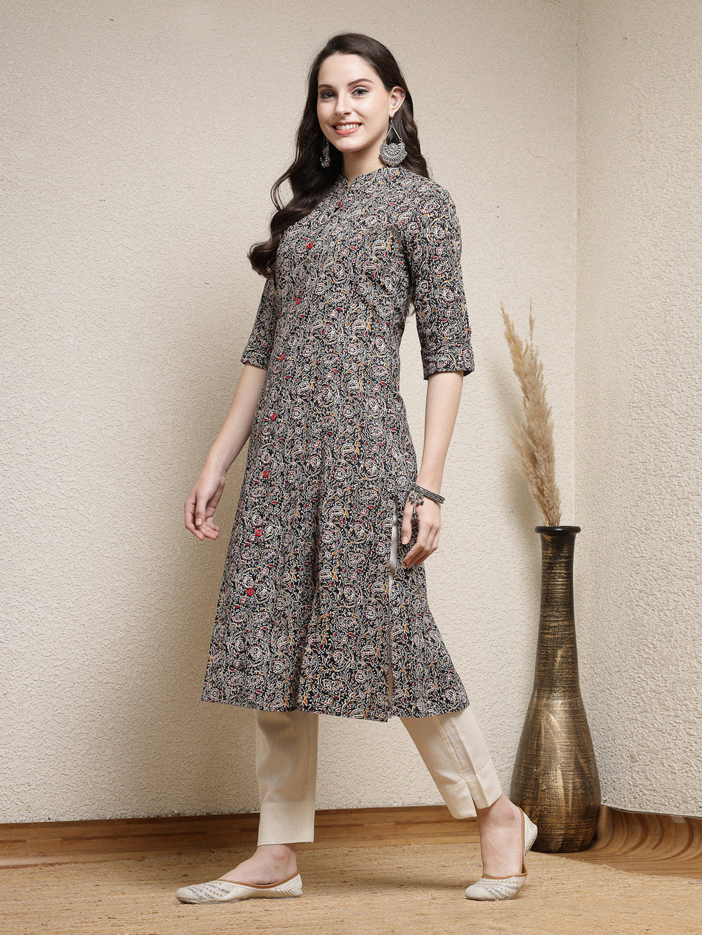 Black-Cotton-Floral-Printed-A-Line-Kurta-Only