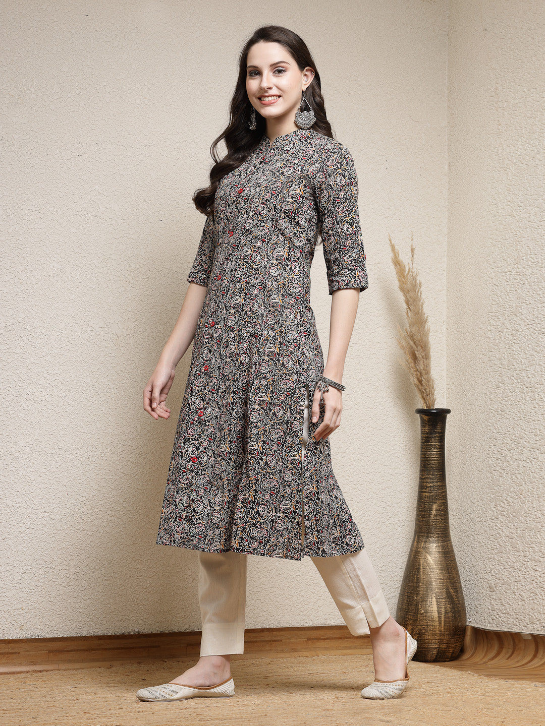 Black-Cotton-Floral-Printed-A-Line-Kurta-Only