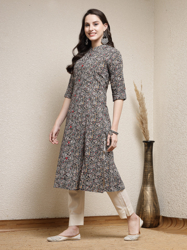 Black-Cotton-Floral-Printed-A-Line-Kurta-Only