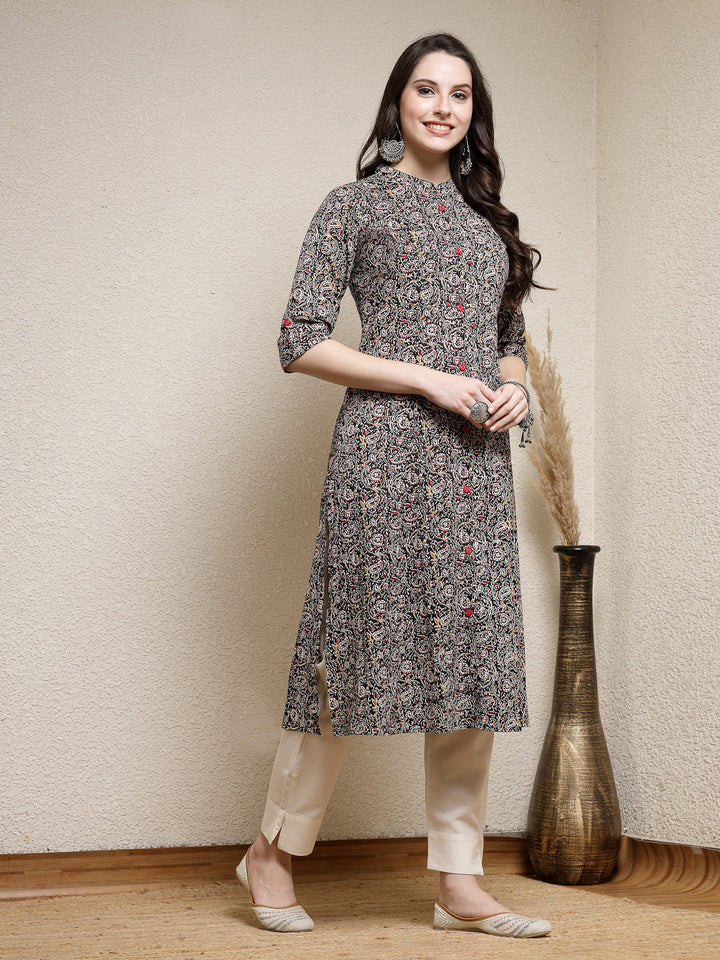 Black-Cotton-Floral-Printed-A-Line-Kurta-Only
