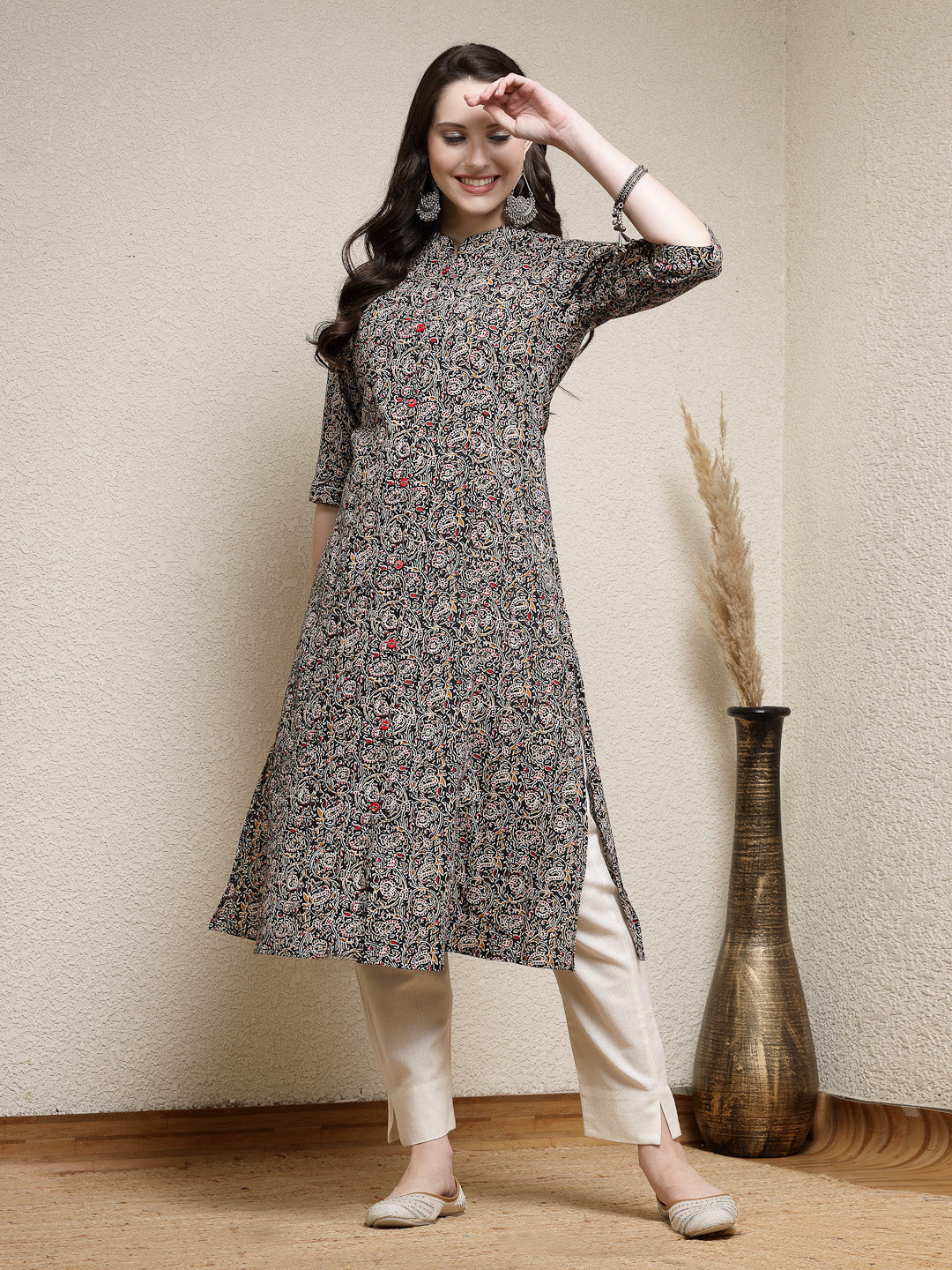 Black-Cotton-Floral-Printed-A-Line-Kurta-Only