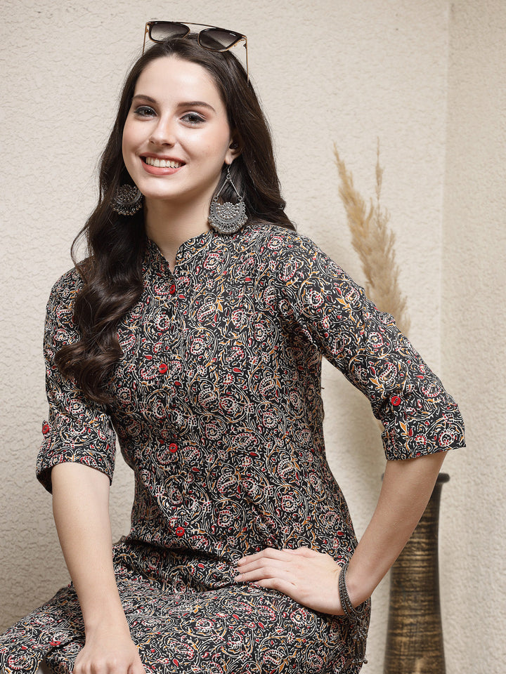Black-Cotton-Floral-Printed-A-Line-Kurta-Only