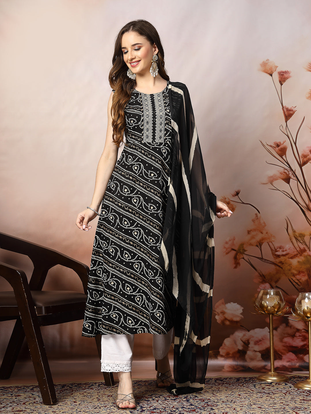 Black-Rayon-Bandhani-Printed-A-Line-3-Piece-Kurta-Set