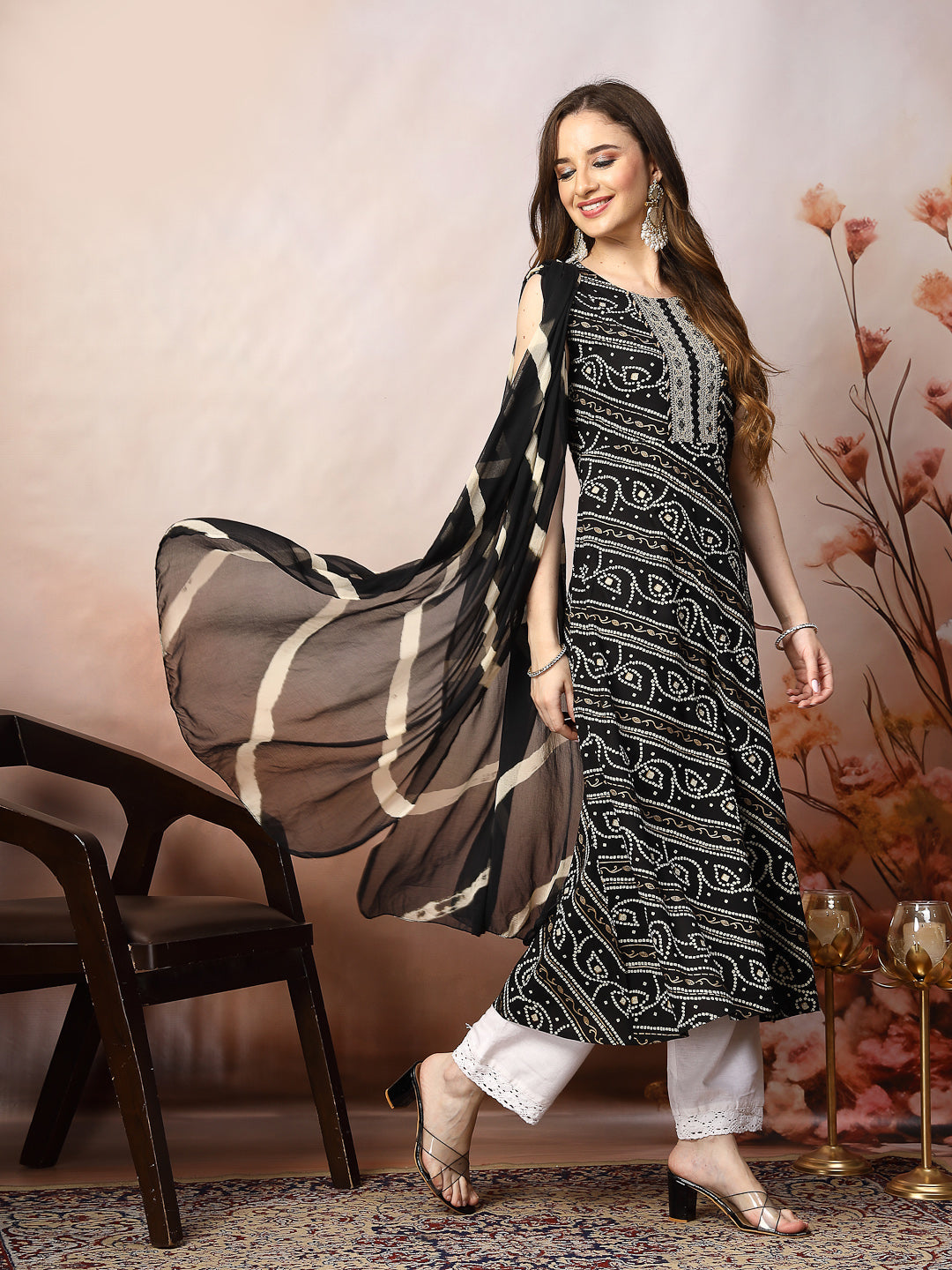 Black-Rayon-Bandhani-Printed-A-Line-3-Piece-Kurta-Set