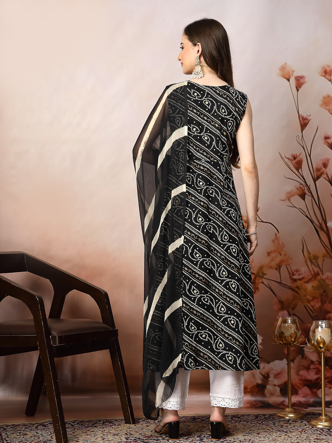 Black-Rayon-Bandhani-Printed-A-Line-3-Piece-Kurta-Set
