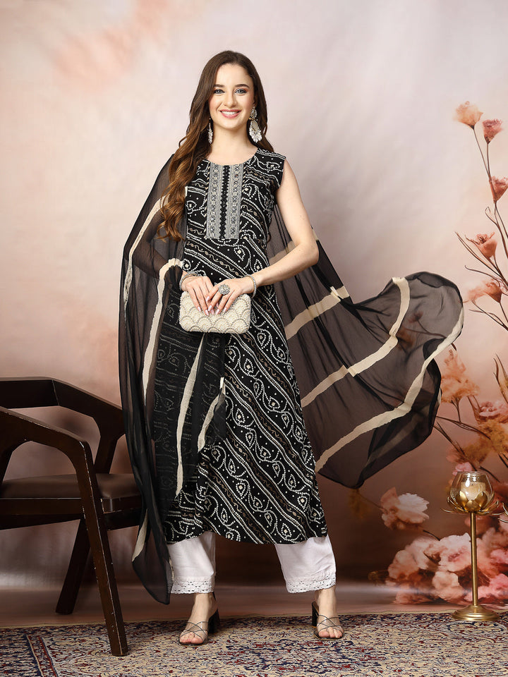 Black-Rayon-Bandhani-Printed-A-Line-3-Piece-Kurta-Set