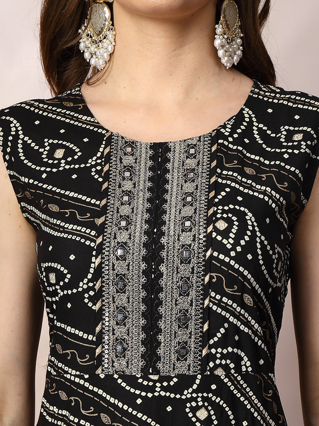 Black-Rayon-Bandhani-Printed-A-Line-3-Piece-Kurta-Set