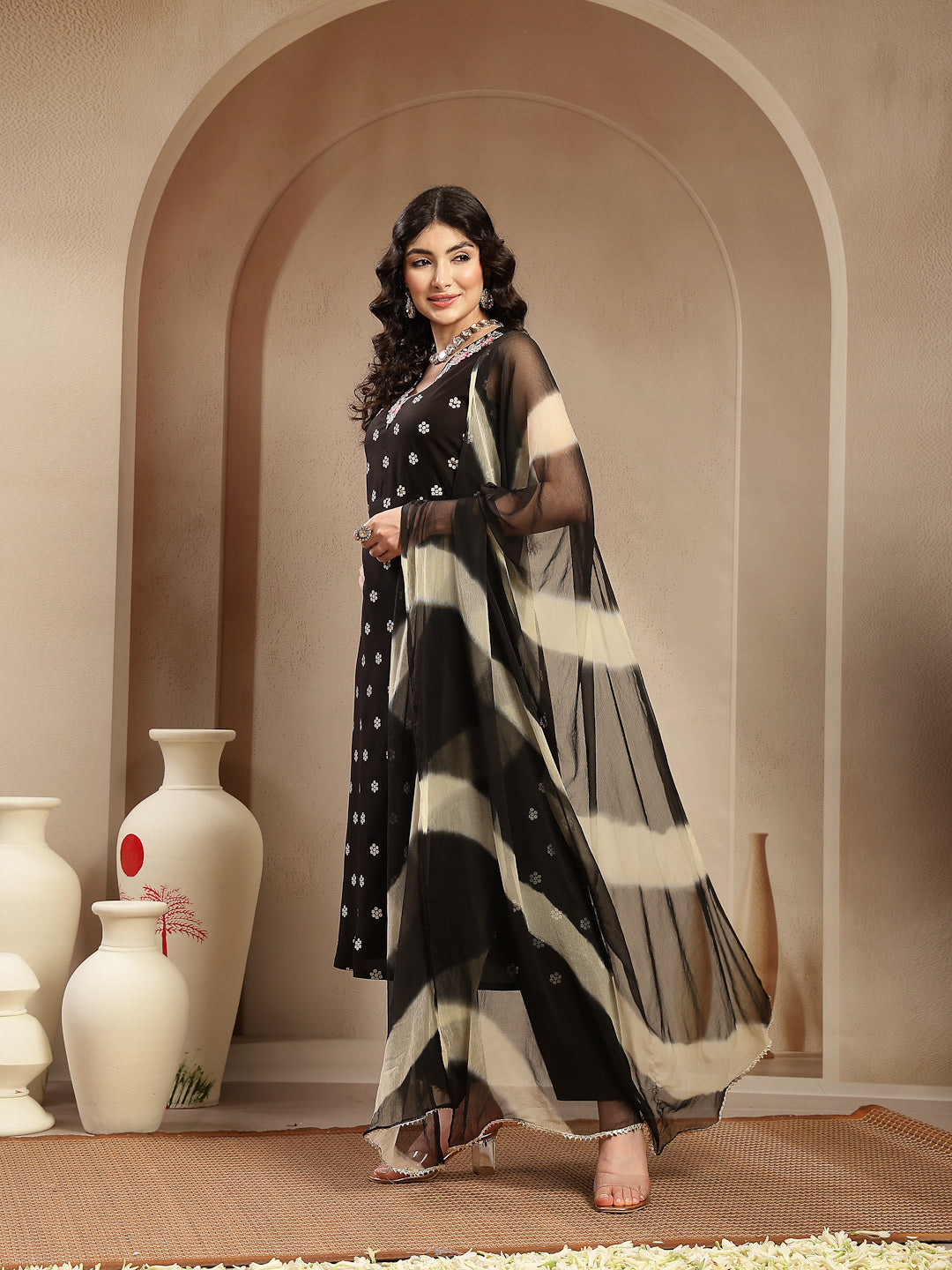 Black Floral Printed & Embroidered Rayon A-Line Kurta With Dupatta