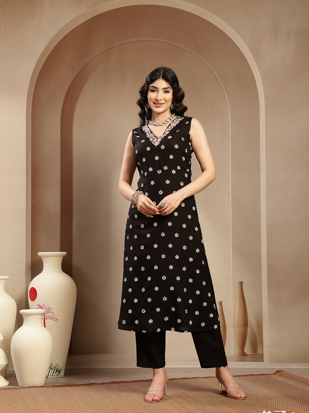 Black Floral Printed & Embroidered Rayon A-Line Kurta With Dupatta