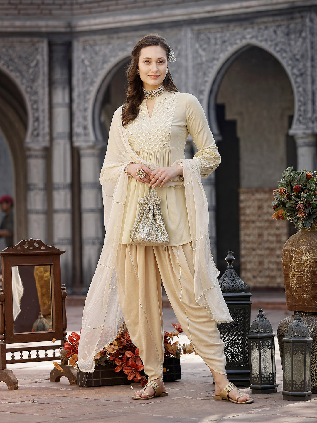 Cream-Rayon-&-Embellished-Pleated-3-Piece-Kurta-Set