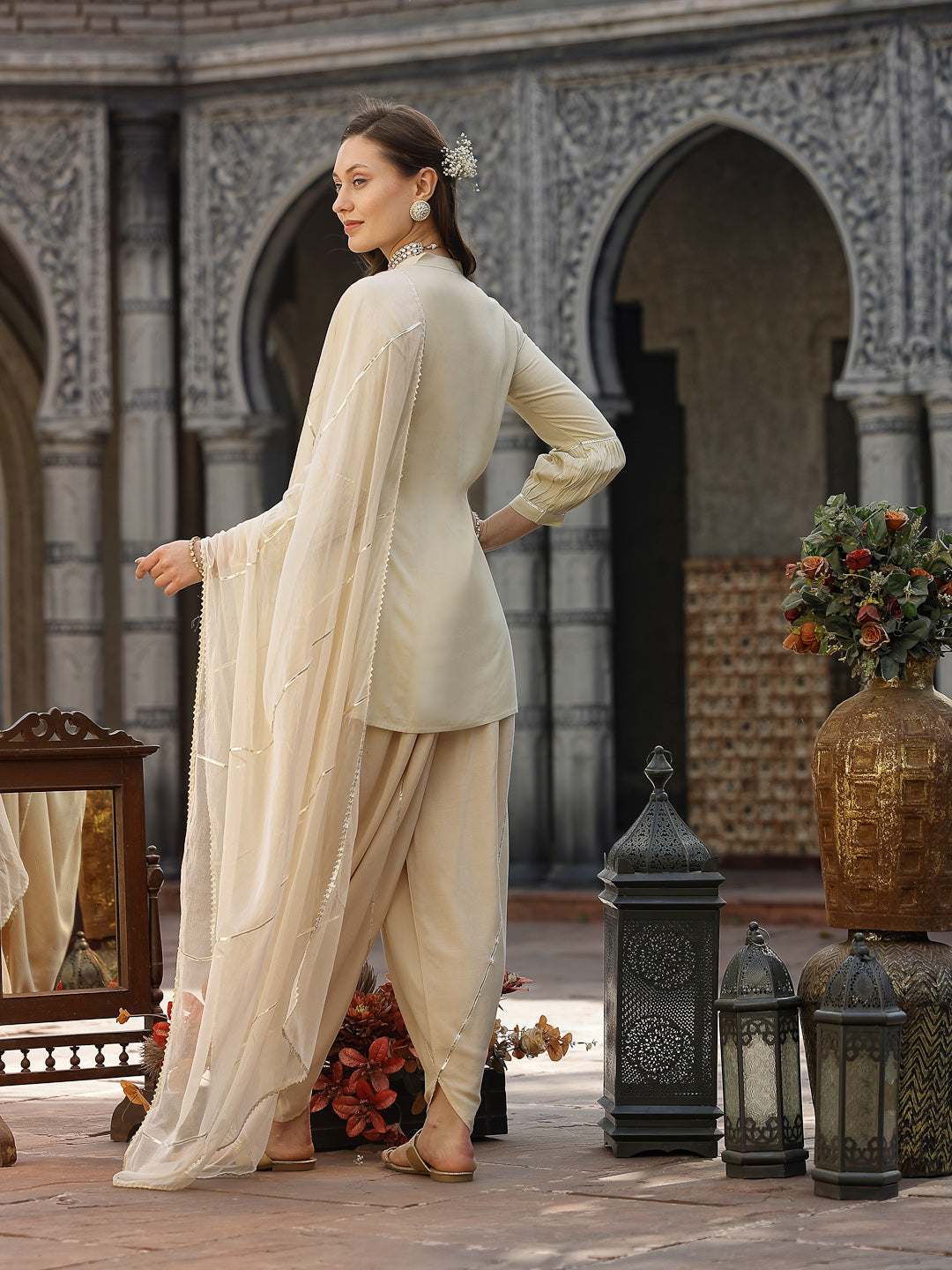 Cream-Rayon-&-Embellished-Pleated-3-Piece-Kurta-Set