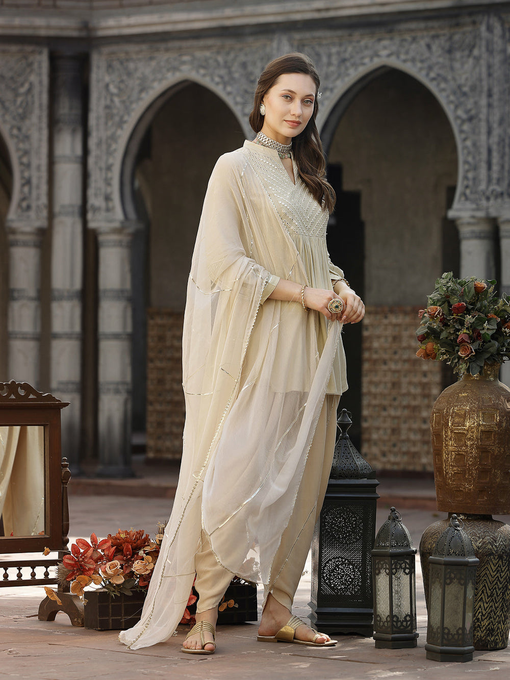 Cream-Rayon-&-Embellished-Pleated-3-Piece-Kurta-Set