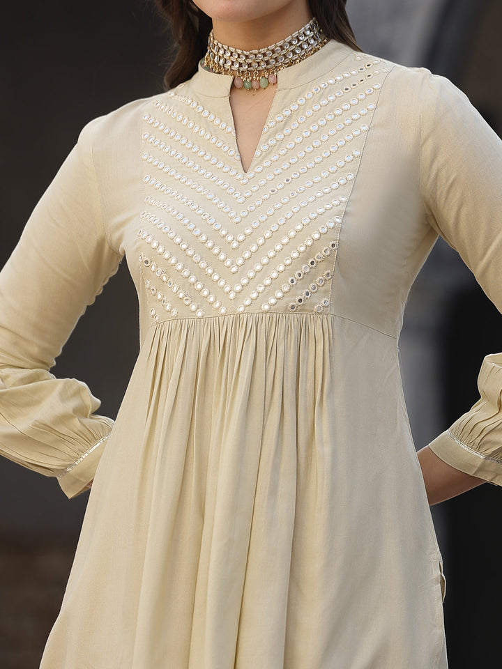Cream-Rayon-&-Embellished-Pleated-3-Piece-Kurta-Set