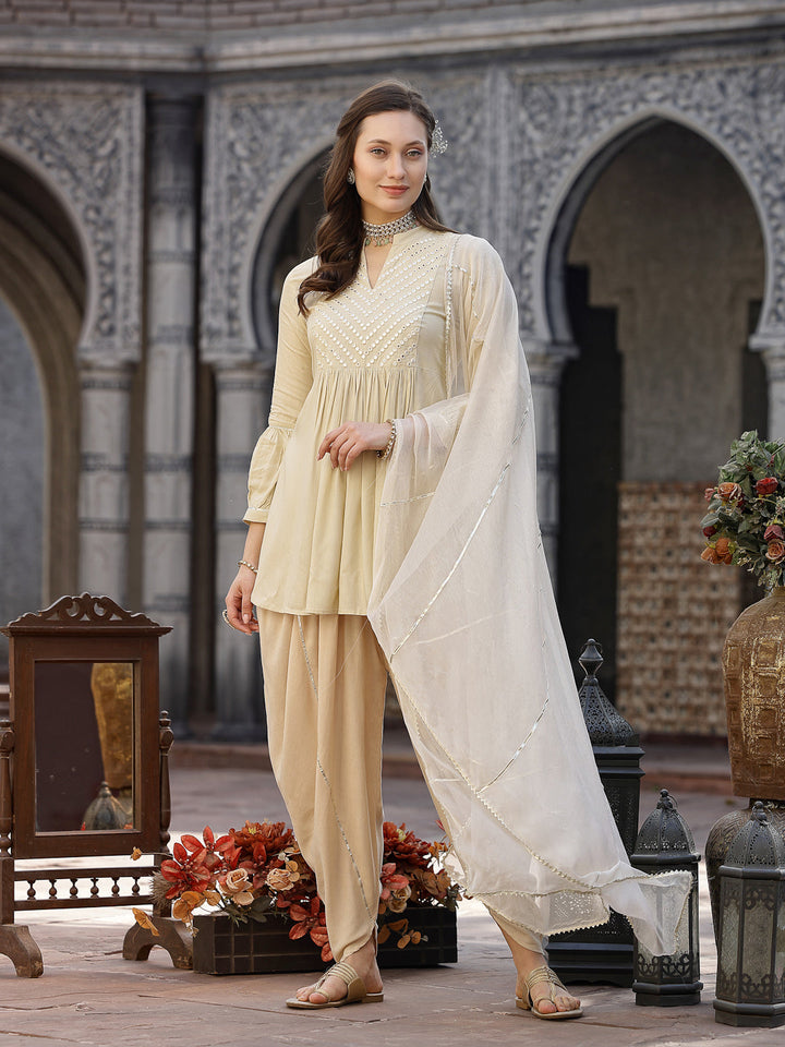 Cream-Rayon-&-Embellished-Pleated-3-Piece-Kurta-Set
