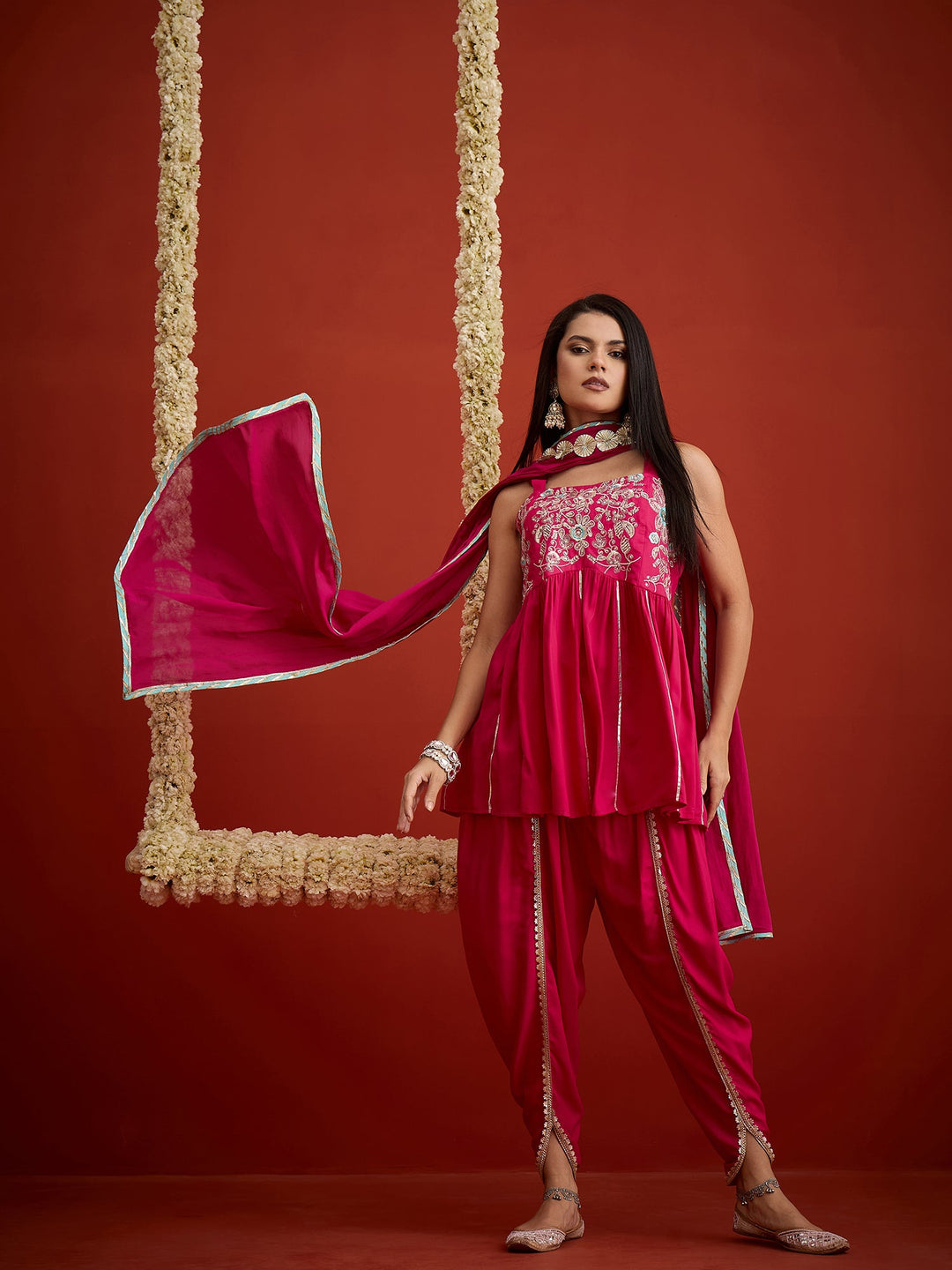Pink Solid & Embroidered Rayon A-Line Kurti Dhoti Pant With Dupatta