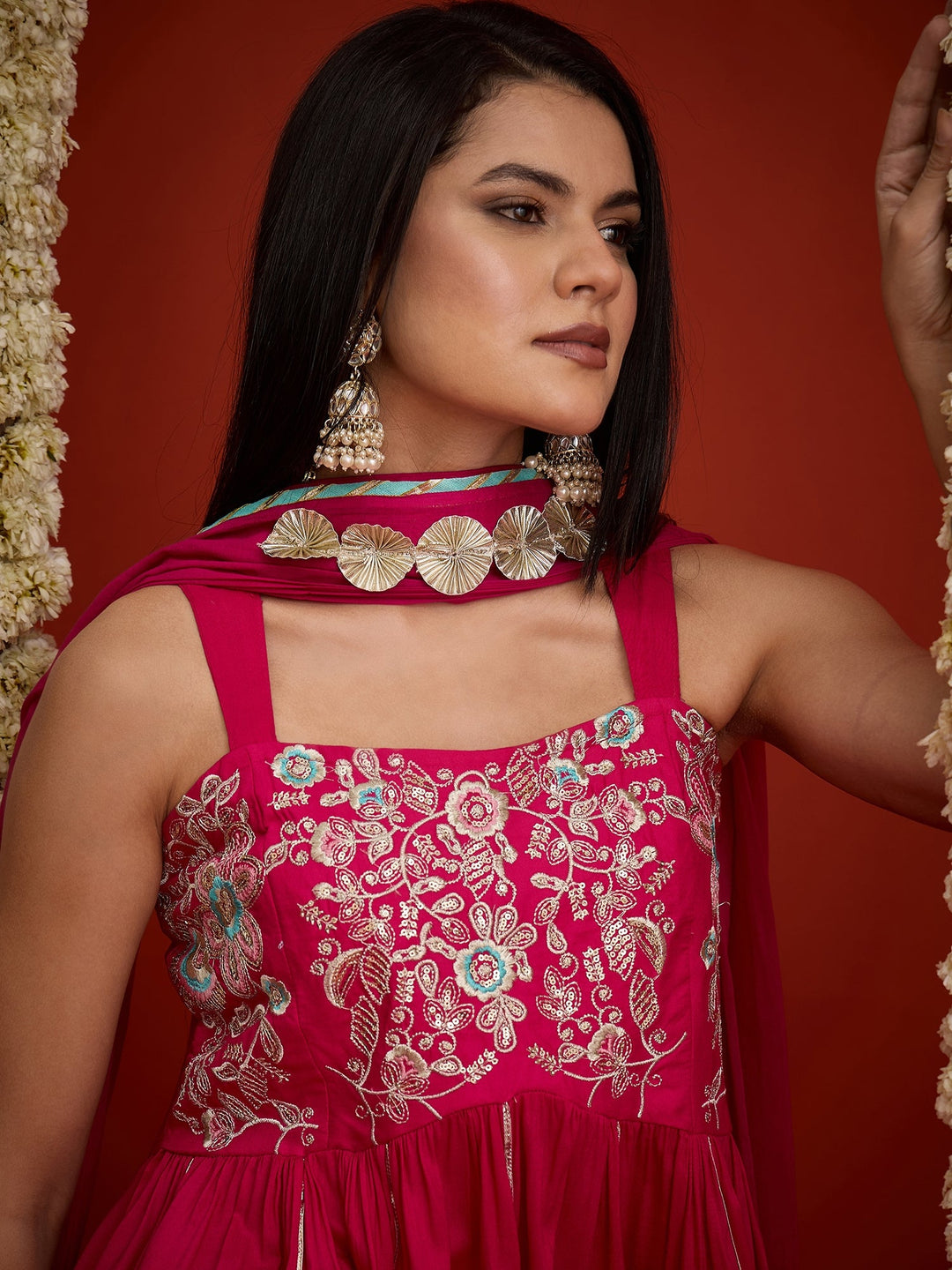 Pink Solid & Embroidered Rayon A-Line Kurti Dhoti Pant With Dupatta