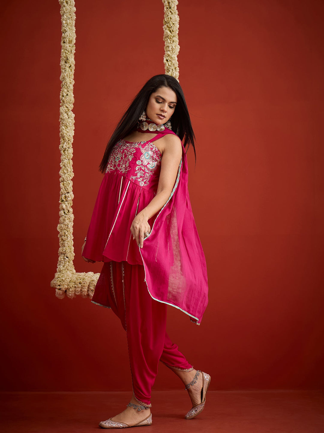 Pink Solid & Embroidered Rayon A-Line Kurti Dhoti Pant With Dupatta