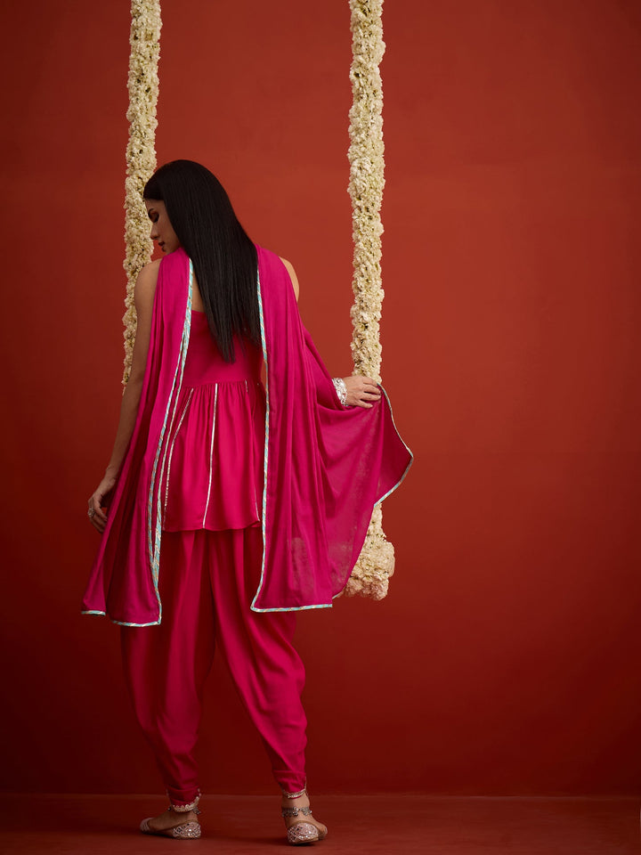 Pink Solid & Embroidered Rayon A-Line Kurti Dhoti Pant With Dupatta