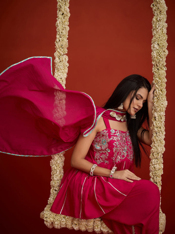 Pink Solid & Embroidered Rayon A-Line Kurti Dhoti Pant With Dupatta