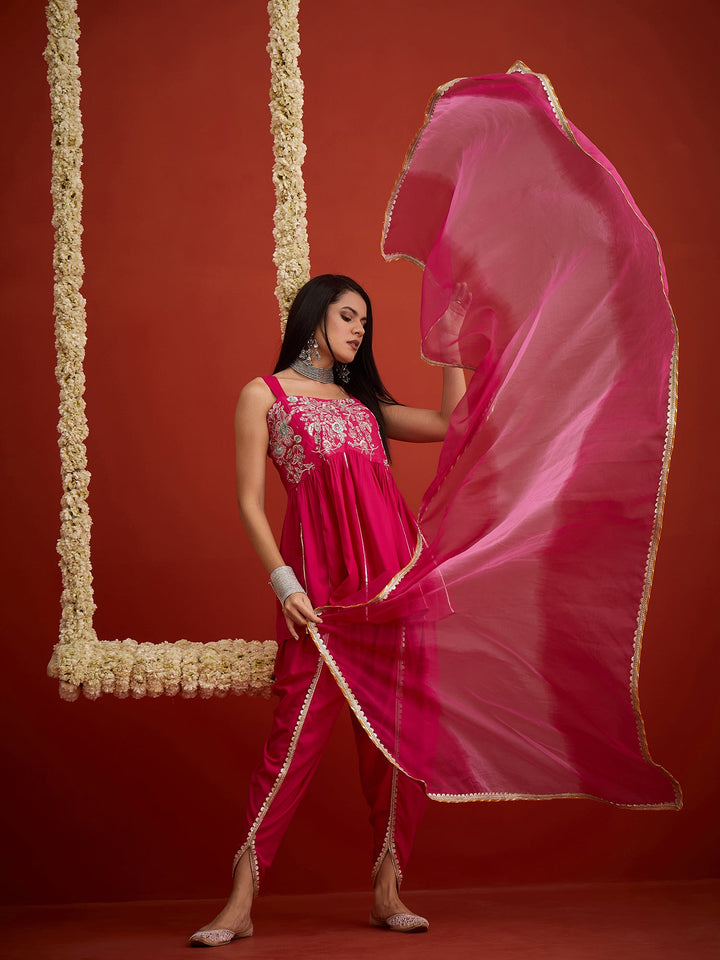 Pink Solid & Embroidered Rayon A-Line Kurti Dhoti Pant With Dupatta