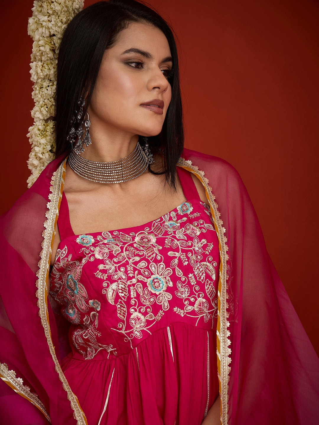 Pink Solid & Embroidered Rayon A-Line Kurti Dhoti Pant With Dupatta