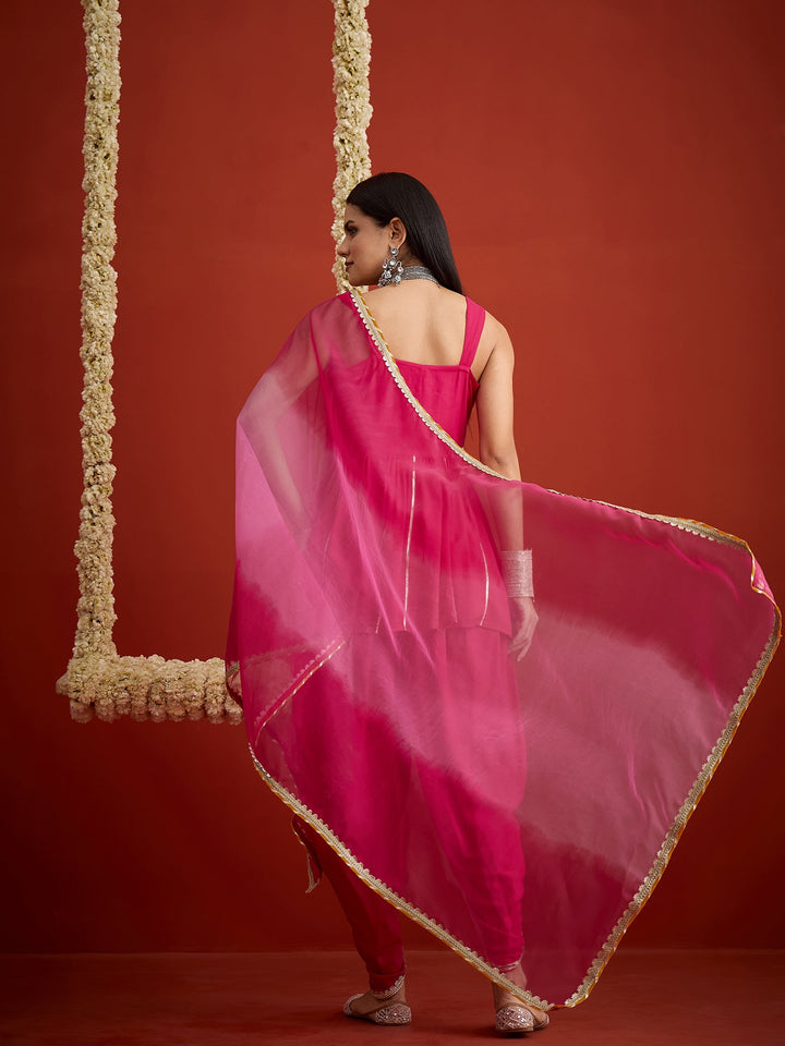 Pink Solid & Embroidered Rayon A-Line Kurti Dhoti Pant With Dupatta
