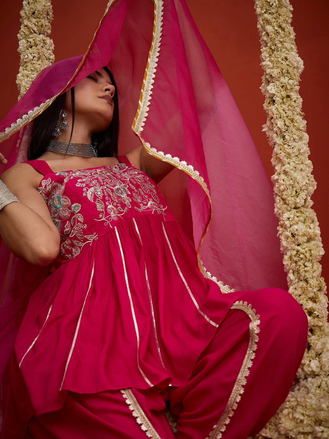 Pink Solid & Embroidered Rayon A-Line Kurti Dhoti Pant With Dupatta