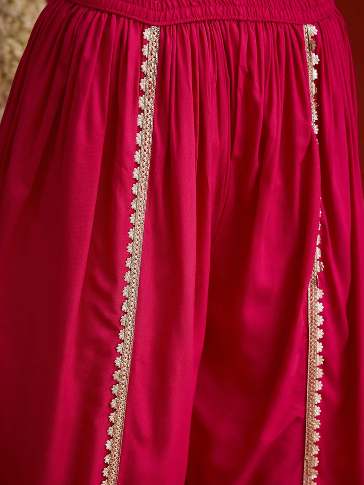 Pink Solid & Embroidered Rayon A-Line Kurti Dhoti Pant With Dupatta