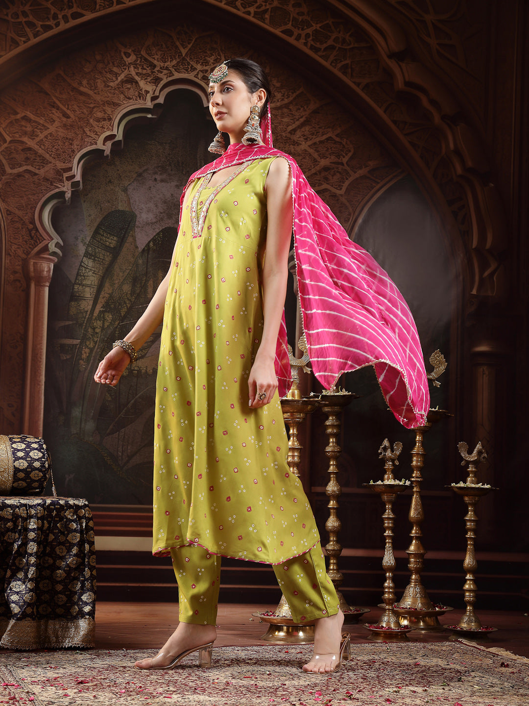 Green Bandhej Printed & Embroidered Rayon A-Line Kurta With Dupatta