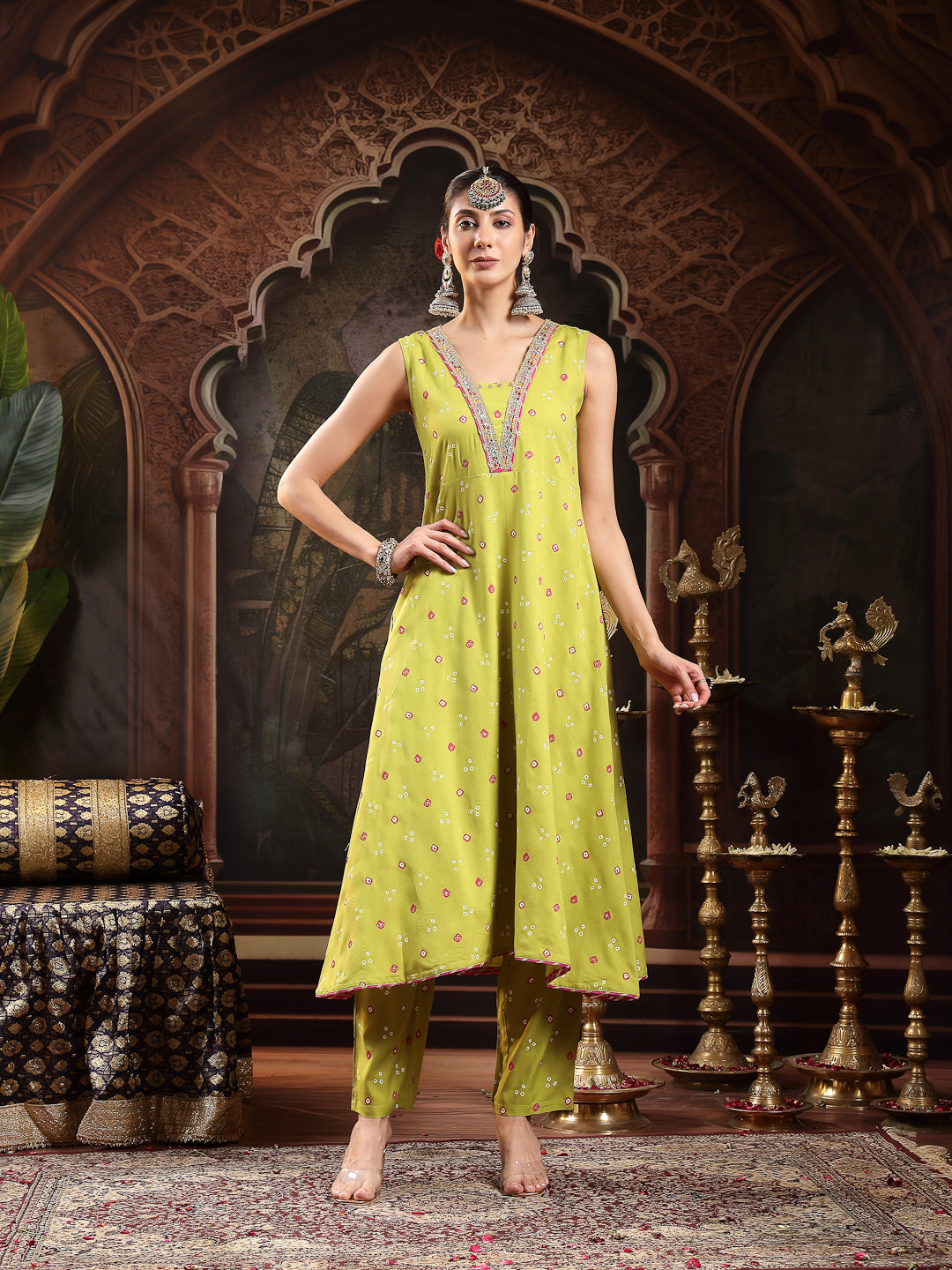 Green Bandhej Printed & Embroidered Rayon A-Line Kurta With Dupatta