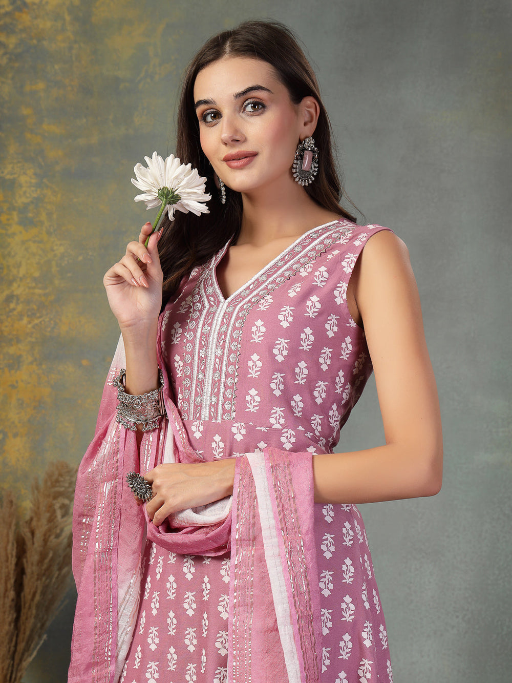 Mauve-Pink-Rayon-Embroidered-A-Line-Kurta-&-Dupatta-Only