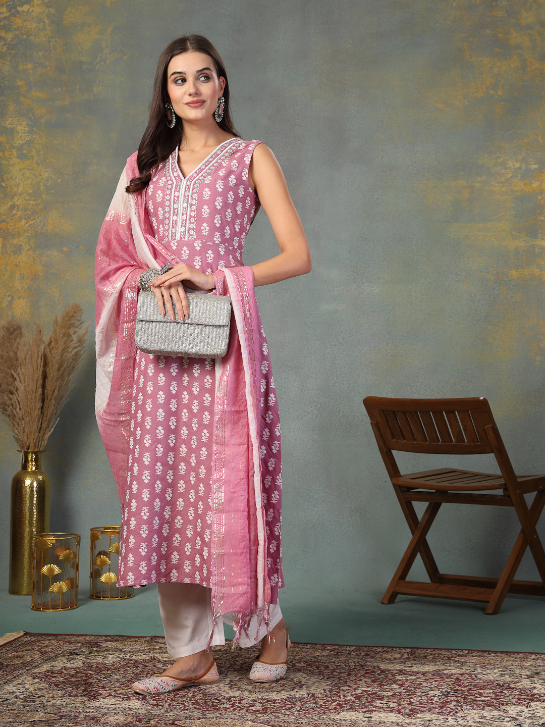 Mauve-Pink-Rayon-Embroidered-A-Line-Kurta-&-Dupatta-Only