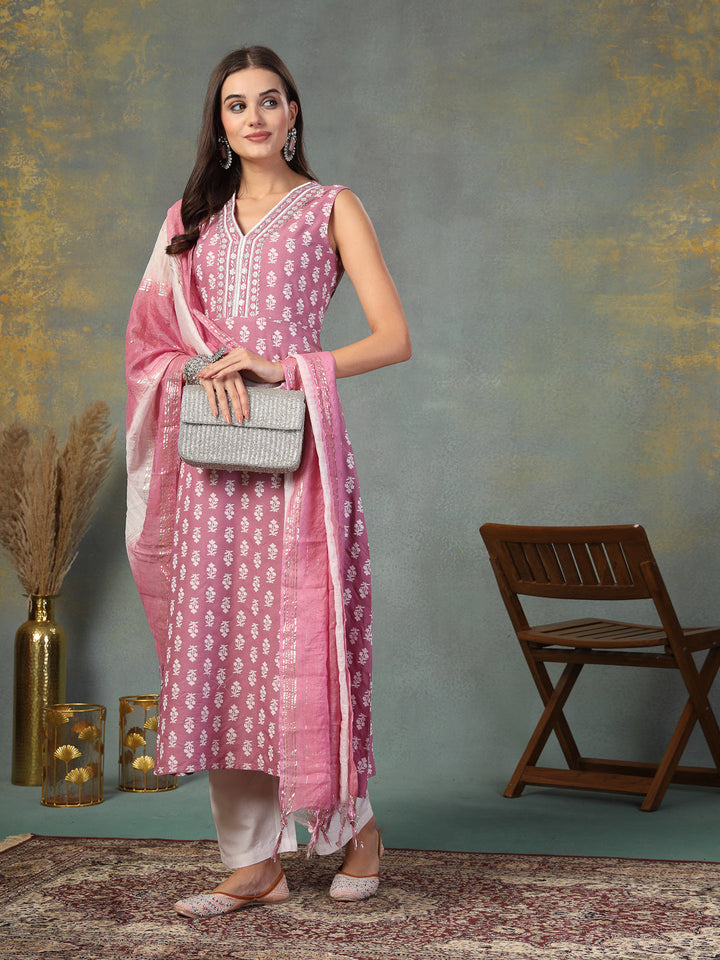 Mauve-Pink-Rayon-Embroidered-A-Line-Kurta-&-Dupatta-Only
