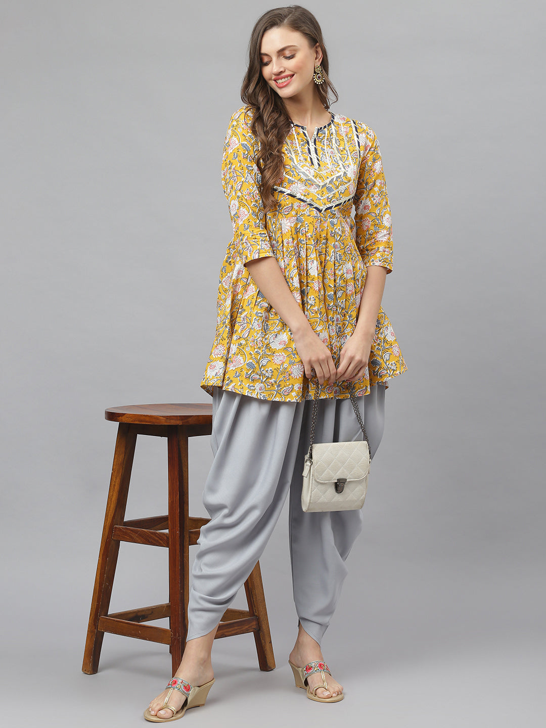 Mustard-yellow-Cotton-Floral-Print-Kurta-Dhoti-Pant-Set